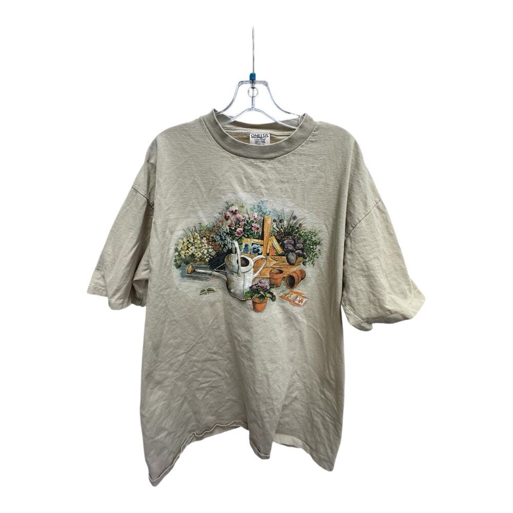 Vintage Oneita Single Stitch XL Beige Impulse Wear Gardening Granny Core T-Shirt